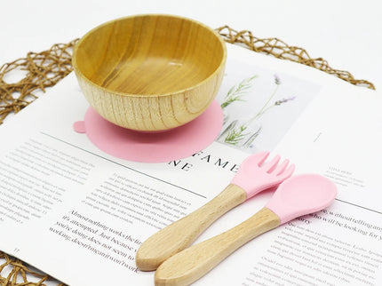 Set diversificare bol si tacamuri din lemn – Pink, 6 luni+