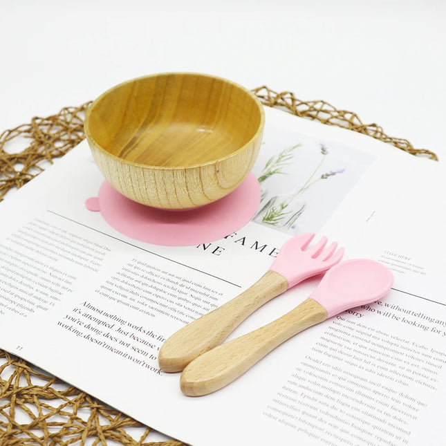 Set diversificare bol si tacamuri din lemn – Pink, 6 luni+