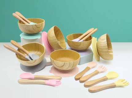 Set diversificare bol si tacamuri din lemn – Cream Yellow, 6 luni+