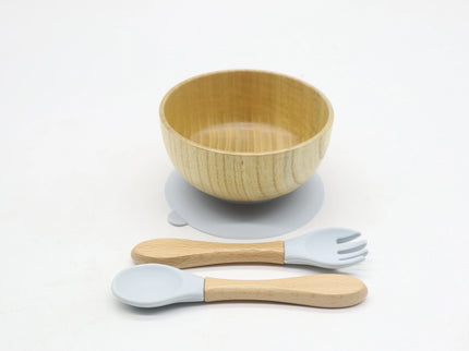 Set diversificare bol si tacamuri din lemn – Light Grey, 6 luni+