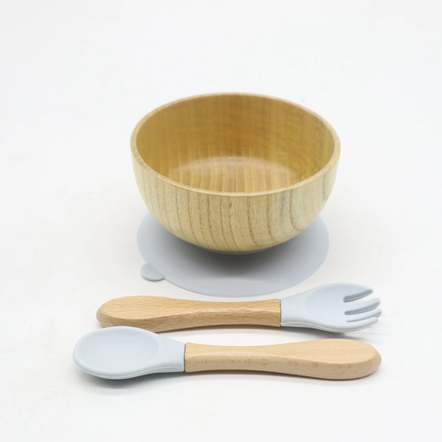 Set diversificare bol si tacamuri din lemn – Light Grey, 6 luni+