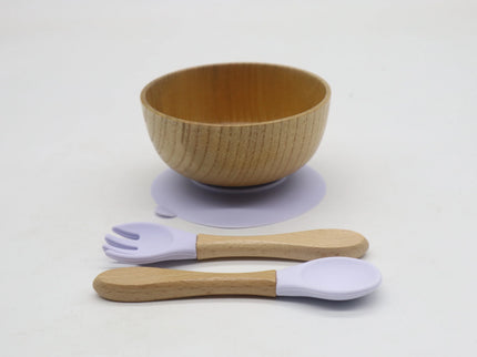 Set diversificare bol si tacamuri din lemn – Light Purple, 6 luni+