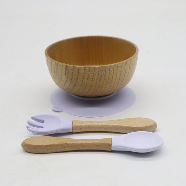 Set diversificare bol si tacamuri din lemn – Light Purple, 6 luni+