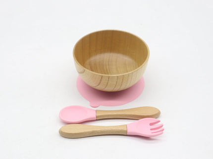 Set diversificare bol si tacamuri din lemn – Pink, 6 luni+
