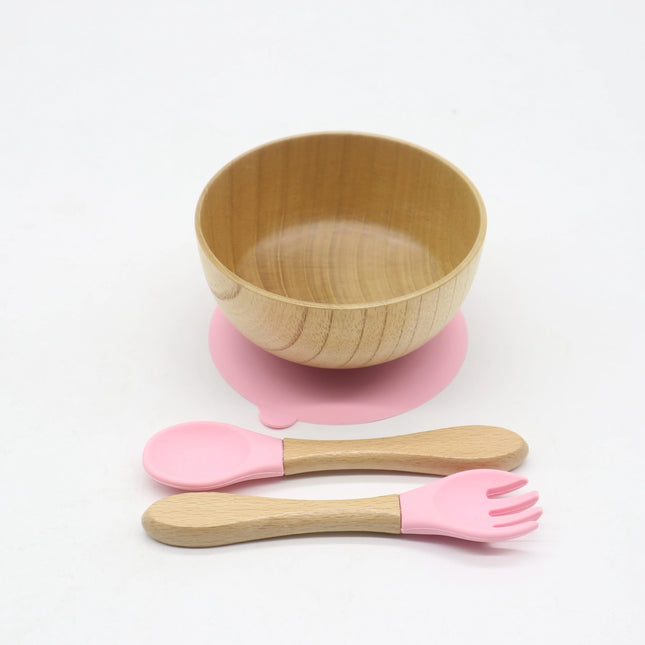 Set diversificare bol si tacamuri din lemn – Pink, 6 luni+