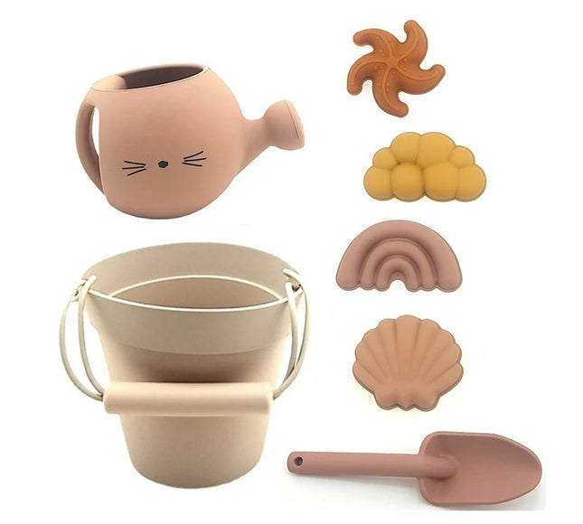 Set jucarii pentru plajă din silicon Play Time - Beige, 7 piese, 6 luni+