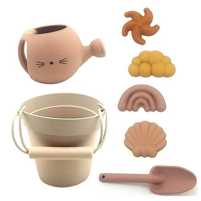 Set jucarii pentru plajă din silicon Play Time - Beige, 7 piese, 6 luni+