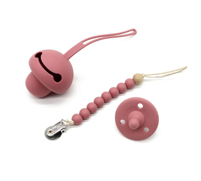 Set suzeta dentitie, lantisor si protectie, Model 1 – Dark Pink, 3 luni+, silicon