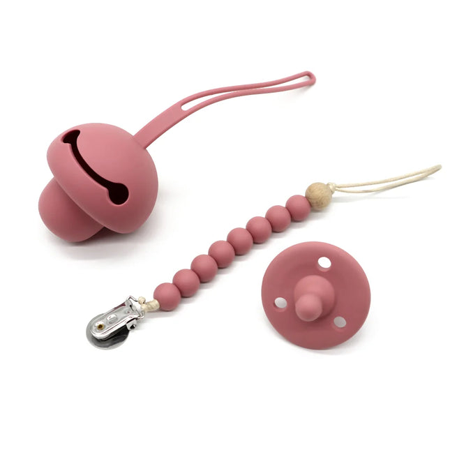 Set suzeta dentitie, lantisor si protectie, Model 1 – Dark Pink, 3 luni+, silicon