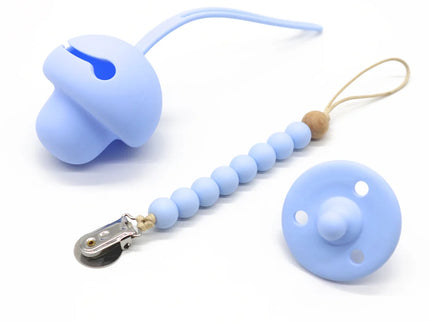 Set suzeta dentitie, lantisor si protectie, Model 1 – Pastel Blue, 3 luni+, silicon