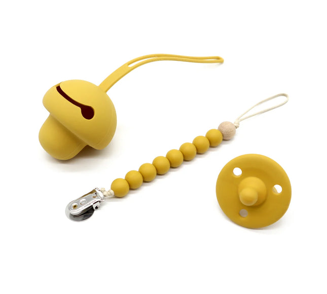 Set suzeta dentitie, lantisor si protectie, Model 1 – Mango, 3 luni+, silicon