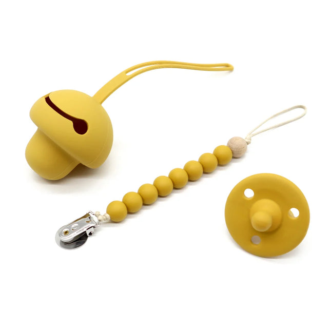 Set suzeta dentitie, lantisor si protectie, Model 1 – Mango, 3 luni+, silicon