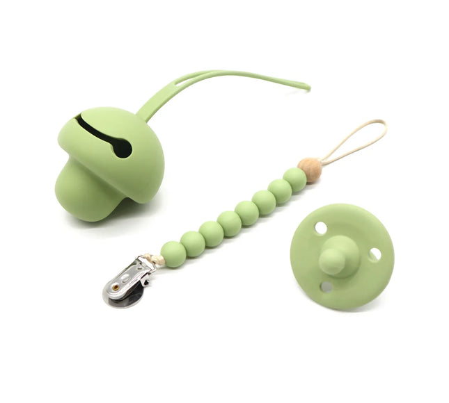 Set suzeta dentitie, lantisor si protectie, Model 1 – Olive, 3 luni+, silicon
