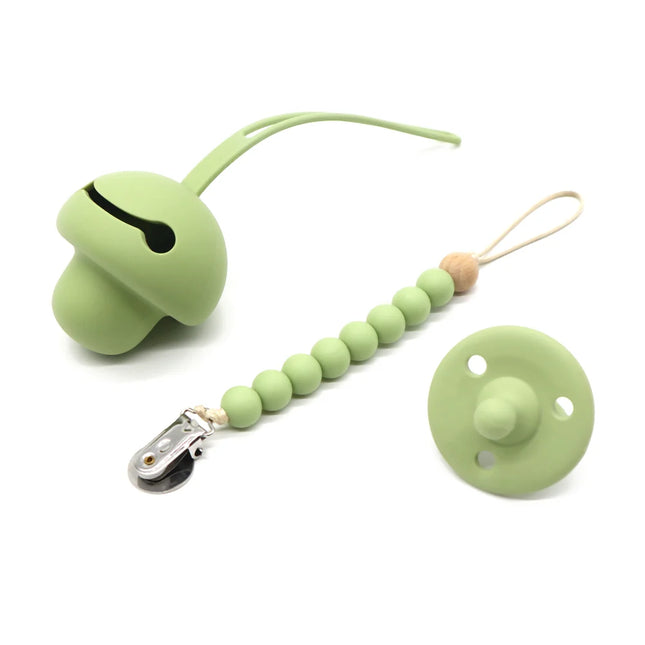Set suzeta dentitie, lantisor si protectie, Model 1 – Olive, 3 luni+, silicon