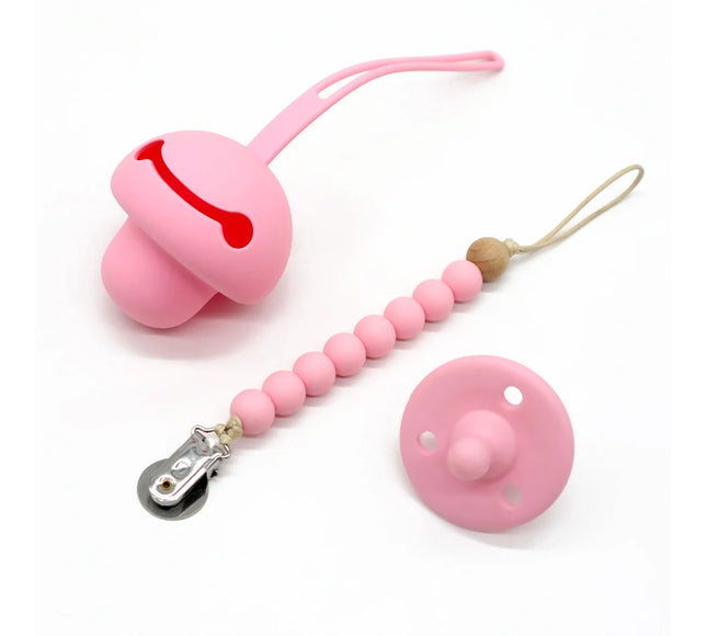 Set suzeta dentitie, lantisor si protectie, Model 1 – Pink, 3 luni+, silicon