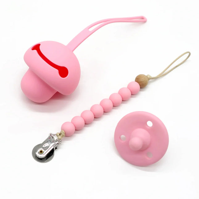 Set suzeta dentitie, lantisor si protectie, Model 1 – Pink, 3 luni+, silicon