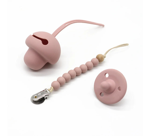 Set suzeta dentitie, lantisor si protectie, Model 1 – Rose Pink, 3 luni+, silicon