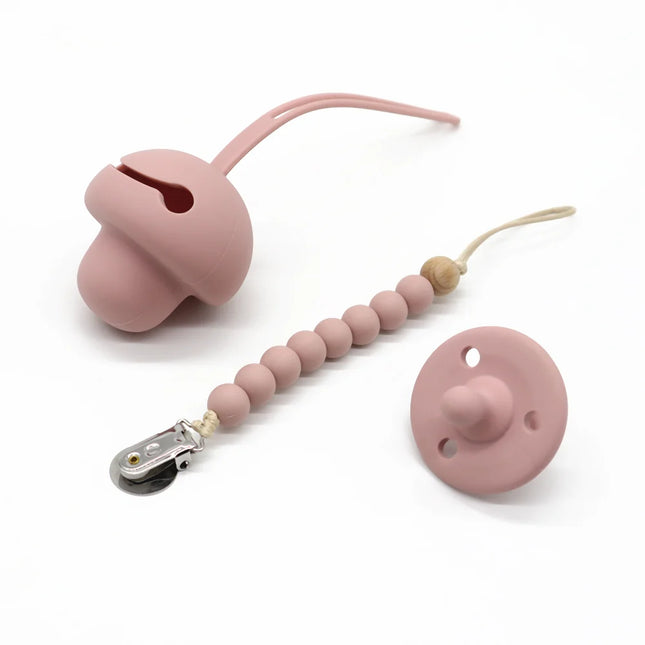 Set suzeta dentitie, lantisor si protectie, Model 1 – Rose Pink, 3 luni+, silicon