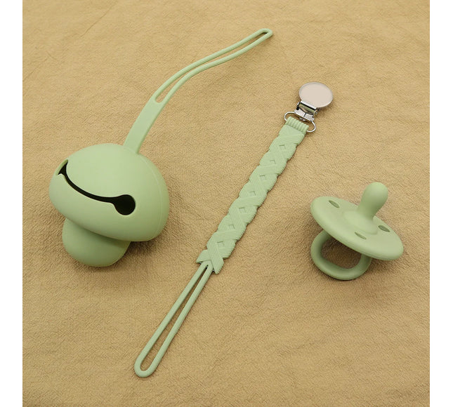 Set suzeta dentitie, lantisor si protectie, Model 2 – Olive, silicon, 3 luni+