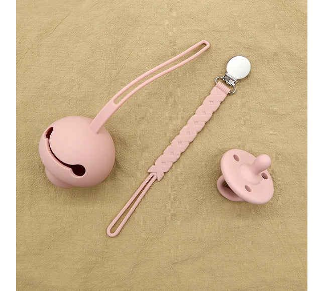 Set suzeta dentitie, lantisor si protectie, Model 2 – Rose Pink, 3 luni+, silicon