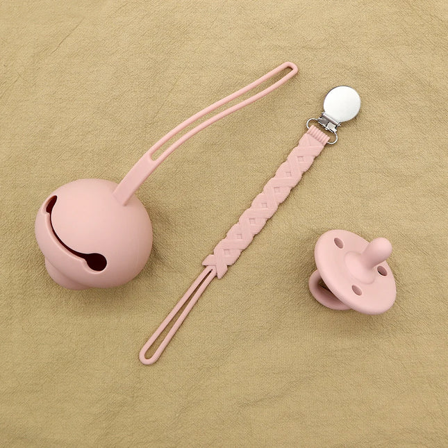 Set suzeta dentitie, lantisor si protectie, Model 2 – Rose Pink, 3 luni+, silicon