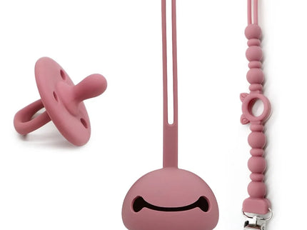 Set suzeta dentitie, lantisor si protectie, Model 3 – Dark Pink, 3 luni+, silicon