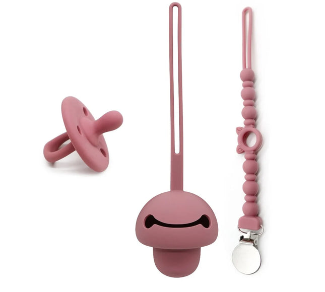 Set suzeta dentitie, lantisor si protectie, Model 3 – Dark Pink, 3 luni+, silicon