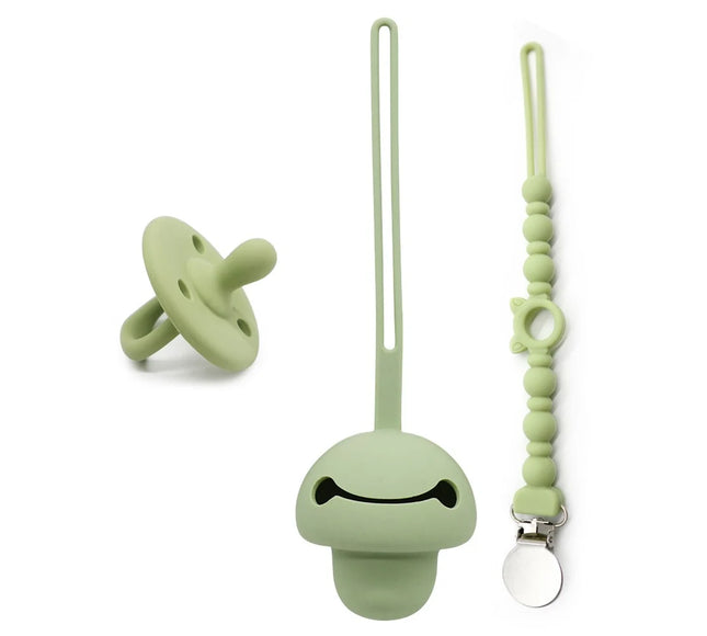 Set suzeta dentitie, lantisor si protectie, Model 3 – Olive, 3 luni+, silicon