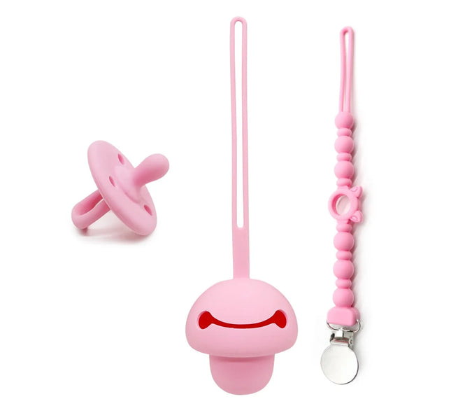 Set suzeta dentitie, lantisor si protectie, Model 3 – Pink, 3 luni+, silicon