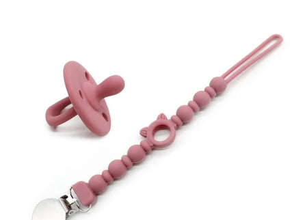Set suzeta dentitie si lantisor - Dark Pink, 3 luni+, silicon