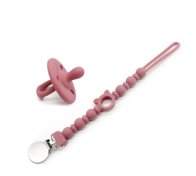 Set suzeta dentitie si lantisor - Dark Pink, 3 luni+, silicon