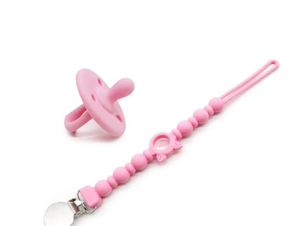 Set suzeta dentitie si lantisor - Pink, 3 luni+, silicon