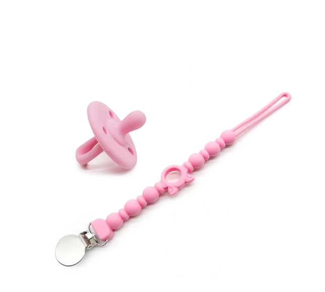 Set suzeta dentitie si lantisor - Pink, 3 luni+, silicon