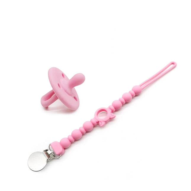 Set suzeta dentitie si lantisor - Pink, 3 luni+, silicon