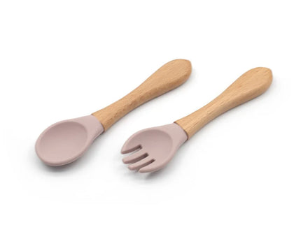 Set tacamuri pentru bebelusi, lingurita + furculita, diverse culori, silicon si lemn, 6 luni+