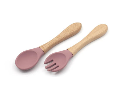 Set tacamuri pentru bebelusi, lingurita + furculita, diverse culori, silicon si lemn, 6 luni+
