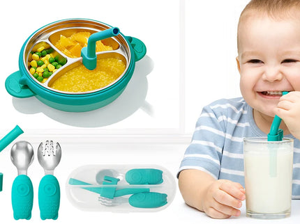 Set tacamuri si pai pentru bebelusi - Green, 18 luni+, silicon + inox