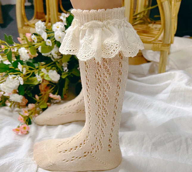 Sosete lungi pentru fetite, Selena - Beige, diverse marimi, bumbac + elastan