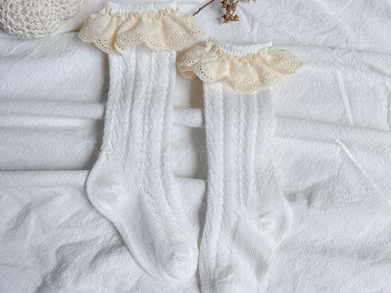 Sosete lungi pentru fetite, Selena - White, diverse marimi, bumbac + elastan