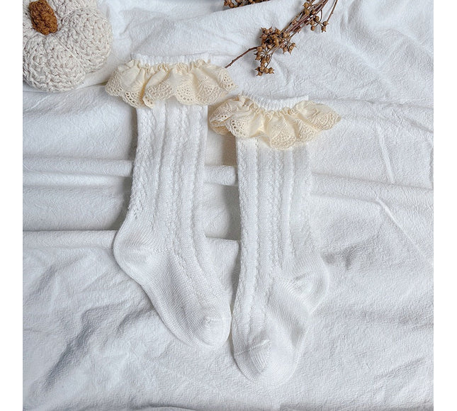 Sosete lungi pentru fetite, Selena - White, diverse marimi, bumbac + elastan