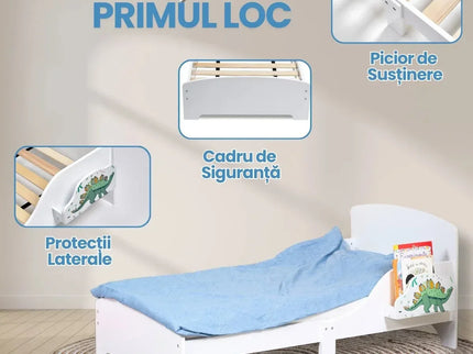 Pat Copii cu Protectie Laterala si Raft Depozitare Carti si Jucarii, Model Dinozaur, Patut pentru Baieti si Fetite Varsta de 3 - 8 Ani, Mobilier din Lemn MDF, Alb + Bonus Stickere Fosforescente - Bebeboo - Totul pentru copii. Jucării, Hăinuțe, Perne, Mobilier, Textile
