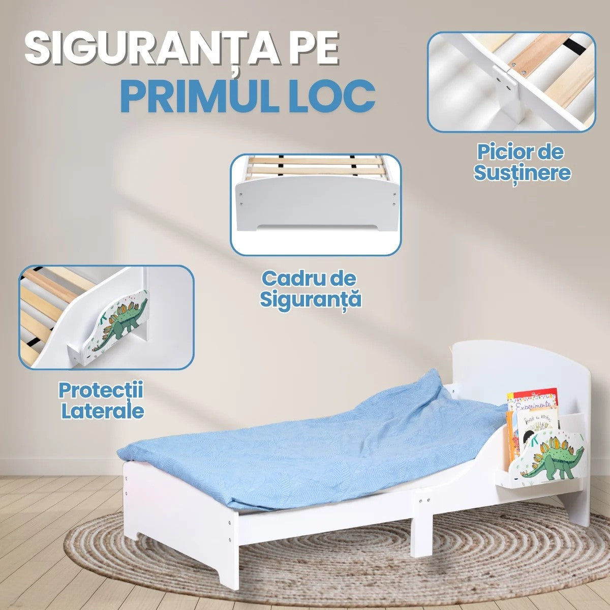 Pat Copii cu Protectie Laterala si Raft Depozitare Carti si Jucarii, Model Dinozaur, Patut pentru Baieti si Fetite Varsta de 3 - 8 Ani, Mobilier din Lemn MDF, Alb + Bonus Stickere Fosforescente