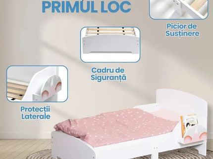 Pat Copii cu Protectie Laterala si Raft Depozitare Carti si Jucarii, Model Curcubeu, Patut pentru Fetite Varsta de 3 - 8 Ani, Mobilier din Lemn MDF, Alb + Bonus Stickere Fosforescente - Bebeboo - Totul pentru copii. Jucării, Hăinuțe, Perne, Mobilier, Textile