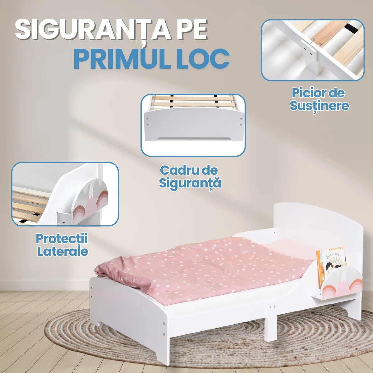 Pat Copii cu Protectie Laterala si Raft Depozitare Carti si Jucarii, Model Curcubeu, Patut pentru Fetite Varsta de 3 - 8 Ani, Mobilier din Lemn MDF, Alb + Bonus Stickere Fosforescente