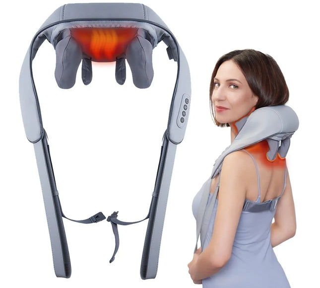 Aparat Masaj Cervical Hands-Free Suporto pentru Relaxare Musculara, Rola de Masat Shiatsu 5D care Imita Masajul Uman, Functie Incalzire, Reduce Stresul si Oboseala, Amelioreaza Durerile pentru Gat, Umeri si Spate, Intensitate Reglabila, Gri