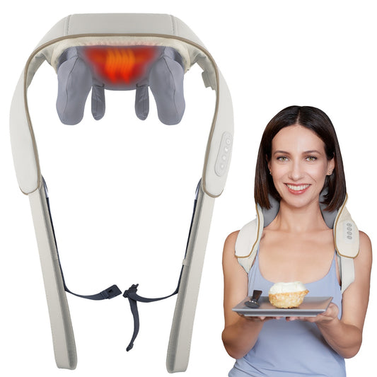 Aparat Masaj Cervical Hands-Free Suporto pentru Relaxare Musculara, Rola de Masat Shiatsu 5D care Imita Masajul Uman, Functie Incalzire, Reduce Stresul si Oboseala, Amelioreaza Durerile pentru Gat, Umeri si Spate, Intensitate Reglabila, Crem