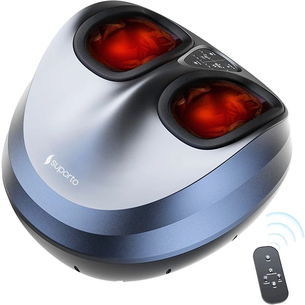 Aparat Masaj Gravide pentru Picioare cu Incalzire, Compresie si Telecomanda Suporto, Pentru relaxare picior si talpa, Beneficii Reflexoterapie, Circulatie Imbunatatita, Role masat talpi si presopunctura, 3 Moduri de Masaj, Gri cu Negru