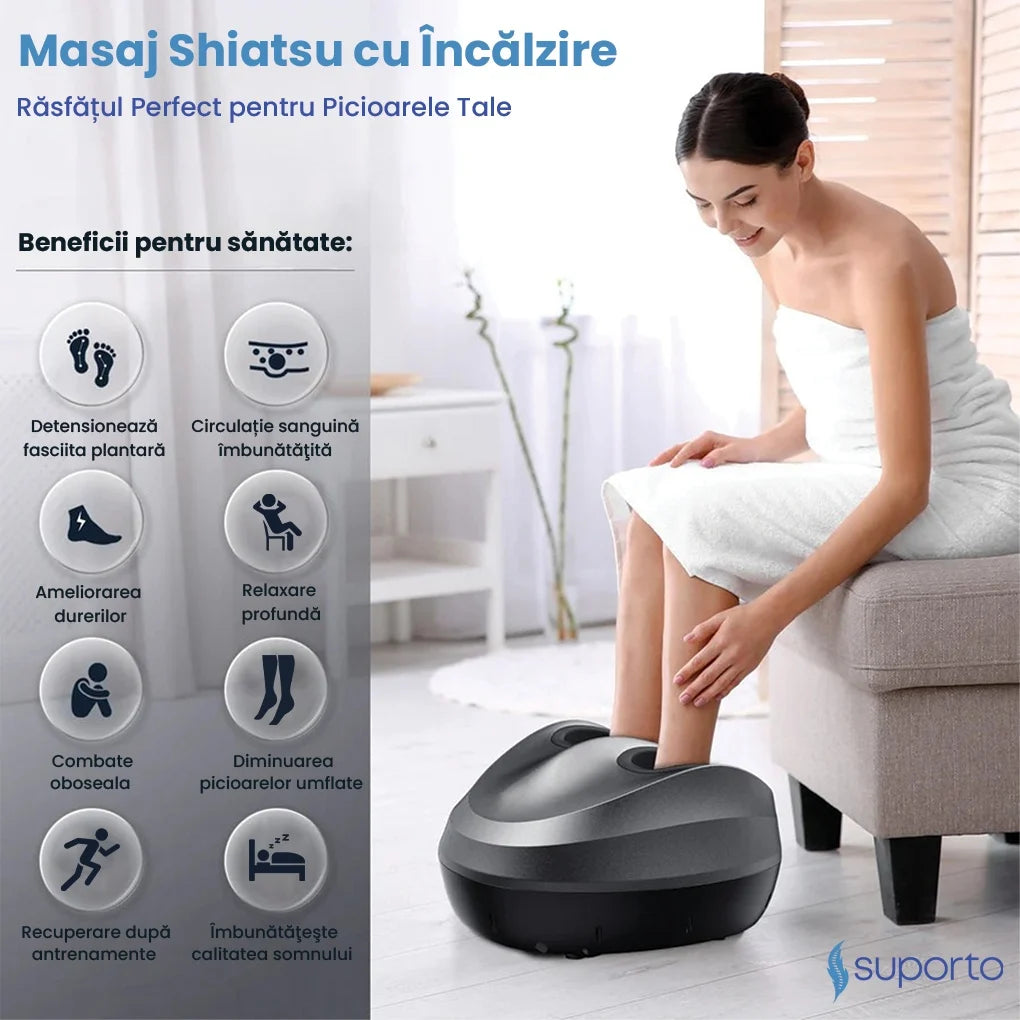 Aparat Masaj Gravide pentru Picioare cu Incalzire, Compresie si Telecomanda Suporto, Pentru relaxare picior si talpa, Beneficii Reflexoterapie, Circulatie Imbunatatita, Role masat talpi si presopunctura, 3 Moduri de Masaj, Gri cu Negru