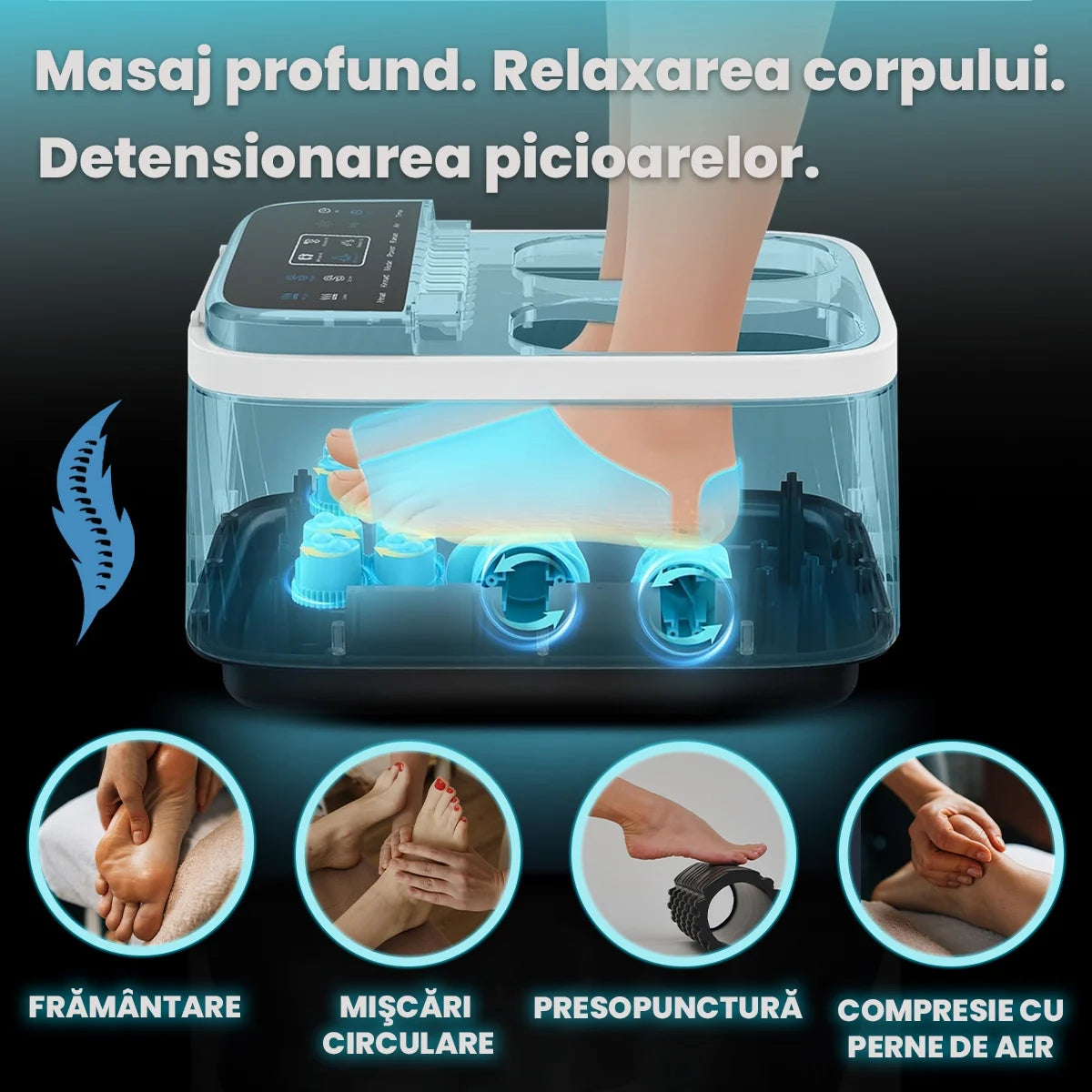 Aparat Masaj Gravide, Masaj Picioare si Talpi pentru Relaxare, Functii de Reflexoterapie, Role Masat si Incalzit Talpa, Perne Compresie, Sterilizare UV, Circulatie Imbunatatita, 4 Programe, Negru
