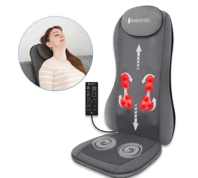 Aparat Masaj Spate Suporto DETENSO 3D Max de tip Husa scaun de masaj cu Shiatsu si Vibromasaj, Perna Masaj cu Incalzire terapeutica, Reduce tensiunea si Relaxează Spatele, Functie Masaj 2D/3D, Cervical, Tintit, Rulare, Gri